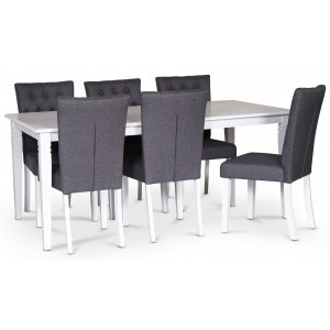Sandhamn spisebordsst; 180x90 cm bord med 6 stk. Crocket spisebordsstole i grt stof