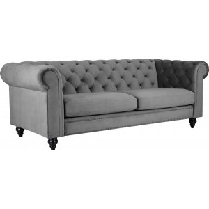 Chesterfield Royal 3-personers sofa - Grå fløjl. + Møbelplejesæt til tekstiler