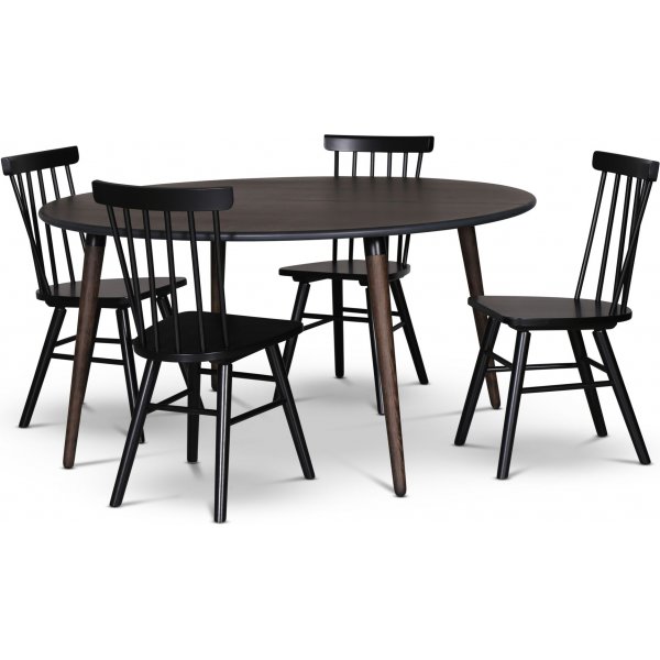 Omni spisegruppe, rundt spisebord 130 cm inkl. 4 Orust sorte udkragningsstole - Rgfarvet eg