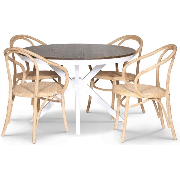 Skagen spisebordsst; rundt spisebord 120 cm - Hvid/brunbejdset eg med 4 stk. Danderyd No.30 stole Whitewash