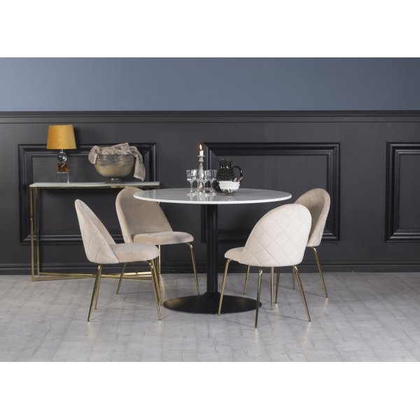 Plaza spisegruppe, marmorbord med 4 Plaza fljlstole - Beige/messing/sort