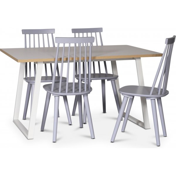 Edge spisegruppe; Spisebord i hvid HPL 140x90 cm med 4 gr Dalsland stokstole