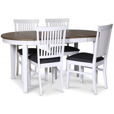 Skagen spisebordsst; spisebord 160/210x90 cm - Hvid / brunolieret eg med 4 stk. Fr stole med grt stofsde