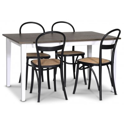 Skagen spisebordssæt; spisebord 140 cm - Hvid/brunbejdset eg med 4 stk. Danderyd No.16 spisebordsstole Sort