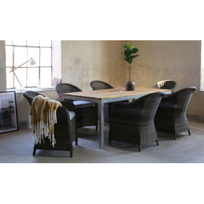 Spisebordsst Alva: Spisebord i teak / galvaniseret stl med 6 Mercury lnestole i brun polyrattan + Trolie til mbler