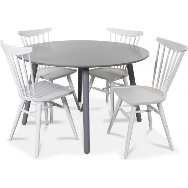 Rosvik spisegruppe rundt grt spisebord med 4 stk Thor pindestole - Grt / Hvidt