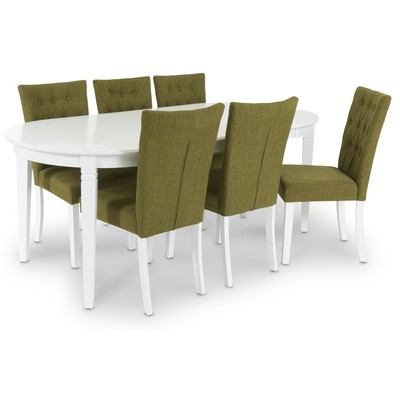 Sandhamn spisebordssæt Ovalt bord med 6 stk. Crocket stole i grønt stof