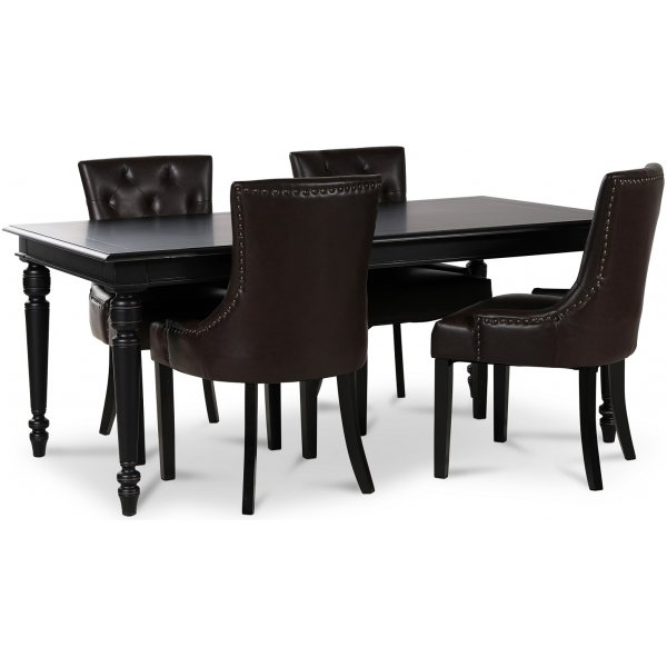 Paris spisegruppe sort bord med 4 stk Tuva Eastport stole i brun PU