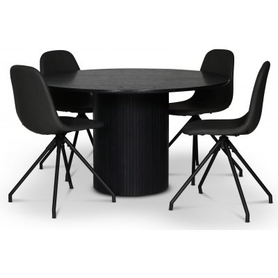 Nova spisebordsst; rundt spisebord 130 cm, sortbejdset eg + 4 stk. Bridge spisebordsstole drejelige, Sort PU
