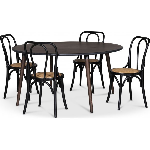 Omni spisegruppe, rundt spisebord 130 cm inkl. 4 Tony sorte bjet trstole - Rgfarvet eg