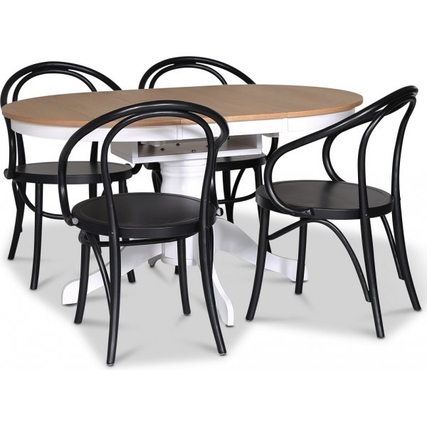 Fitchburg spisebordsst; Ovalt spisebord 106-141 cm - Hvid/Olieret Eg med 4 stk. Danderyd No.30 stole Sort