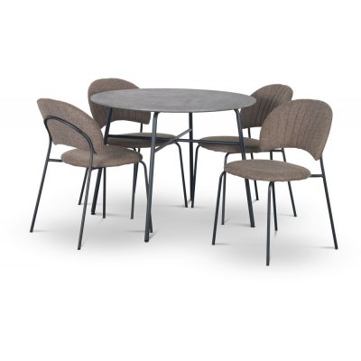 Tofta spisebordssæt Ø100 cm bord i betonimitation + 4 stk. Hogrän brune stole