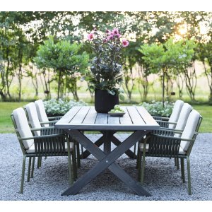 Oxford udendørs spisebordssæt; bord 220x100 cm inkl. 6 stabelbare Lincoln lænestole grøn/beige Oxford udendørs spisebordssæt; bord 220x100 cm inkl. 6 stabelbare Lincoln lænestole grøn/beige