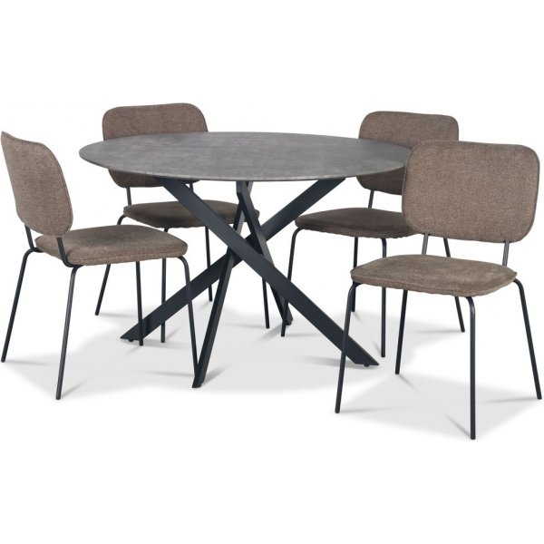Hogrn spisebordsst 120 cm bord i betonimitation + 4 stk. Lokrume brune stole