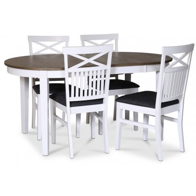 Skagen spisebordsst; spisebord 160/210x90 cm - Hvid / brunolieret eg med 4 stk. Skagen stole med kryds, grt stof