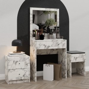 Pnt toiletbord med skammel og natbord 65 x 35 cm - Carrara marmor