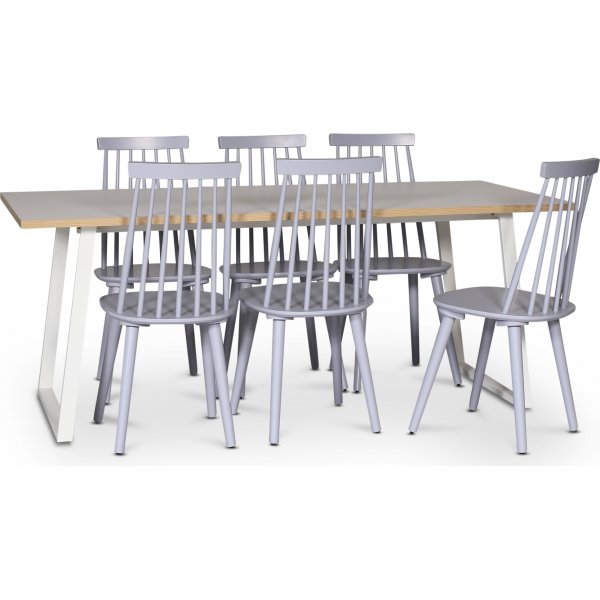 Edge spisegruppe; Spisebord i hvid HPL 190x90 cm med 6 gr Dalsland stokstole