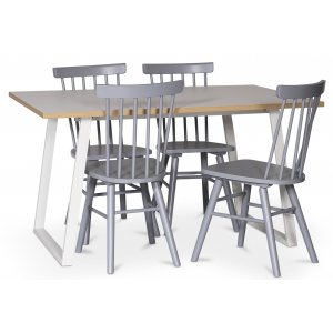 Edge spisegruppe; Spisebord i hvid HPL 140x90 cm med 4 gr Orust stokstole
