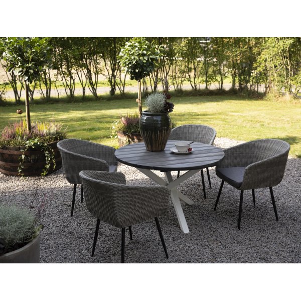 Udegruppe Aster: Scottsdale rundt gr/hvid spisebord 112 cm inkl. 4 Aster lnestole i gr syntetisk rattan
