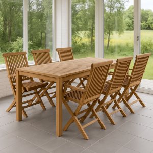 Udendørsgruppe: 6 stole og spisebord 210 x 90 cm teak - Saltö Udendørsgruppe: 6 stole og spisebord 210 x 90 cm teak - Saltö