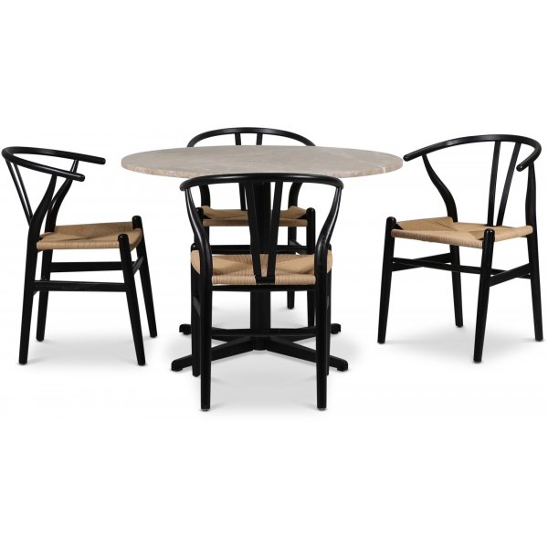 SOHO spisegruppe 105 cm inkl. 4 stk Brandon lnestole - Mat sort krydsfod / Beige Empradore
