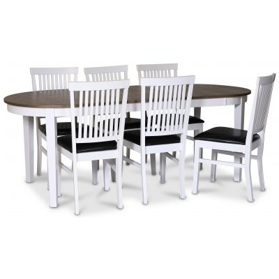 Skagen spisebordssæt; spisebord 160/210x90 cm - Hvid / brunolieret eg med 6 stk. Fårö stole med sort PU sæde