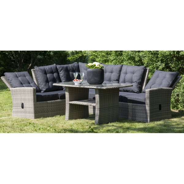 Orlando hjrnesofa med hj ryg (justerbar) inklusive spisebord - Gr polyrattan