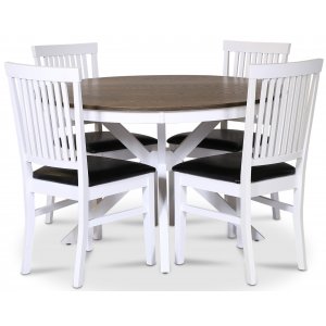 Skagen spisebordsst; rundt spisebord 120 cm - Hvid/brunolieret eg med 4 Fr stole (Ribber i ryggen) med sort PU-sde
