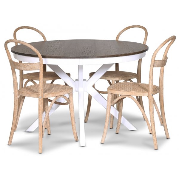 Skagen spisebordsst; rundt spisebord 120 cm - Hvid/brunbejdset eg med 4 stk. Danderyd No.16 stole Whitewash