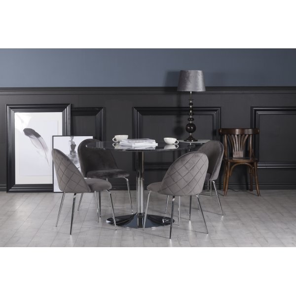 Plaza spisegruppe, marmorbord med 4 Plaza fljlsstole - Gr / Gr / Krom