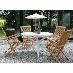 Scottsdale udendørs spisebordssæt med rundt bord og 4 Saltö stole - Teak/Hvid + Træolie til møbler