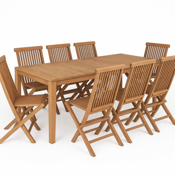 Spisest med 8 stole og spisebord 210 x 90 cm massiv teak - Salt
