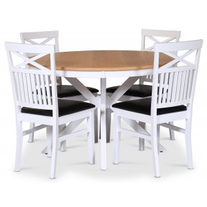 Troms spisebordsst; rundt spisebord 120 cm - Hvid / olieret eg med 4 stk. Fr stole med kryds i ryggen, sde i sort PU