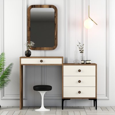 Lizbon toiletbord med spejl 124 x 40 cm - Cremehvid/valnd