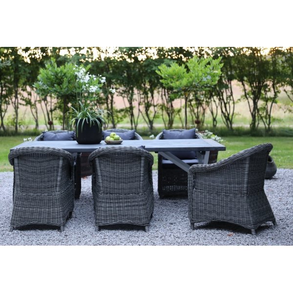 Oxford udendrs spisegruppe; gr/hvid bord 220 cm inkl. 6 Mercury lnestole gr syntetisk rattan