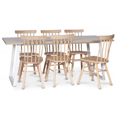 Edge spisegruppe; Spisebord i hvid HPL 190x90 cm med 6 Orust stokstole i hvidmalet