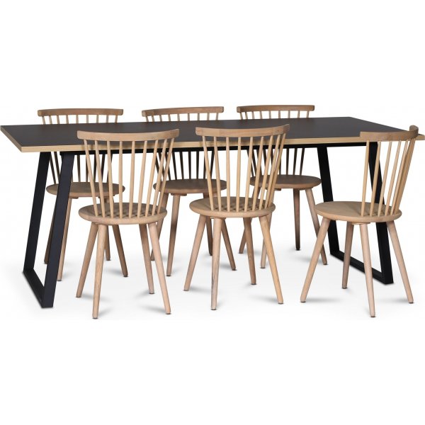 Edge 3.0 spisebordsst 190x90 cm inkl. 6 stk. hvidolierede pindestole Castor - Sort Hjtrykslaminat (HPL)