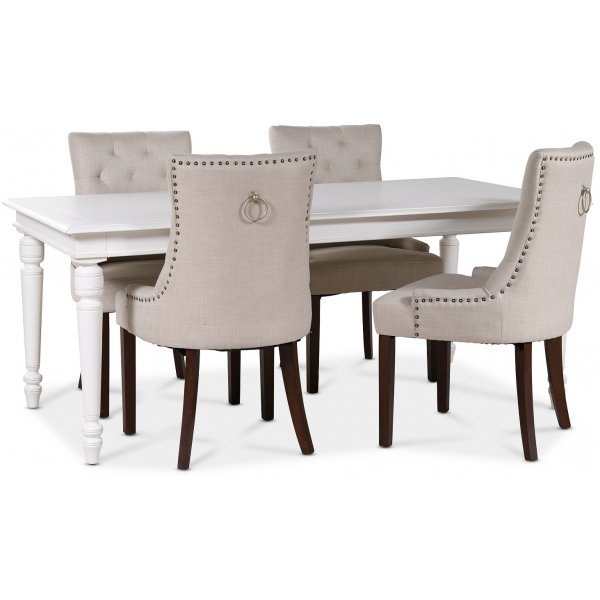 Paris spisegruppe hvidt bord med 4 stk Tuva New Port stole i beige stof med baghndtag