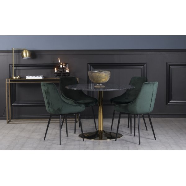 Plaza spisegruppe, marmorbord med 4 stk Theo fljlsstole - Grn / Gr / Messing
