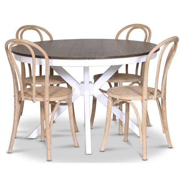 Skagen spisebordsst; rundt spisebord 120 cm - Hvid/brunbejdset eg med 4 stk. Danderyd No.18 stole Whitewash