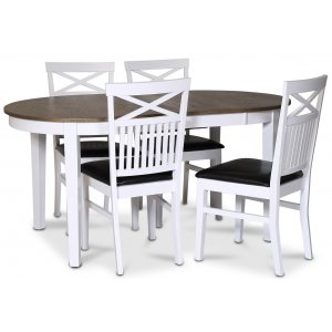 Skagen spisebordsst; spisebord 160/210x90 cm - Hvid / brunolieret eg med 4 Fr stole med kryds, PU-sde