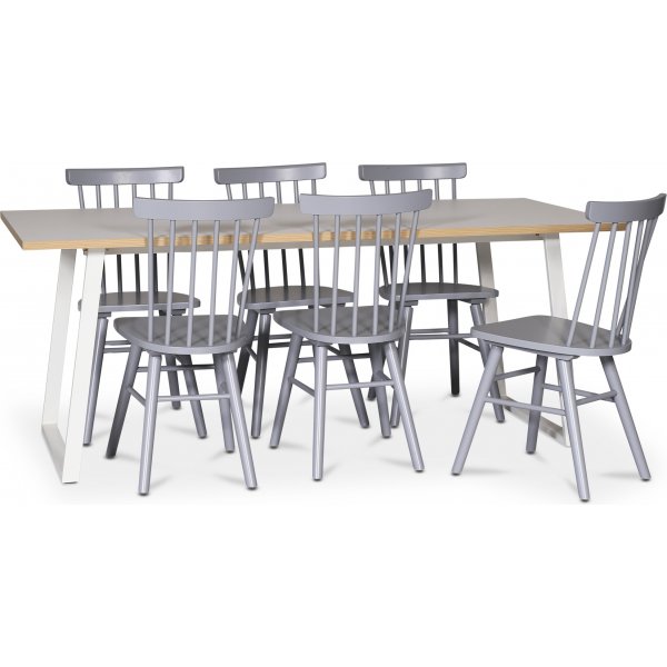 Edge spisegruppe; Spisebord i hvid HPL 190x90 cm med 6 gr Orust stokstole