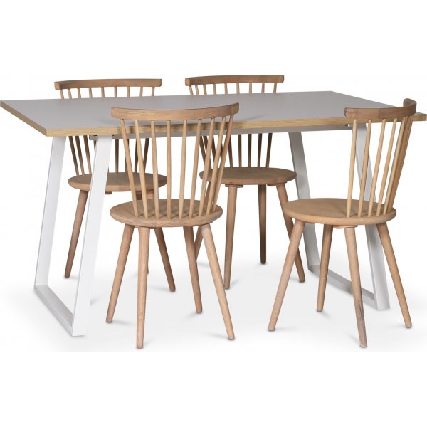 Edge spisegruppe; Spisebord i hvid HPL 140x90 cm med 4 rullestole i hvidkalket