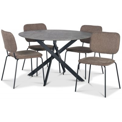 Hogrän spisebordssæt Ø120 cm bord i betonimitation + 4 stk. Lokrume brune stole