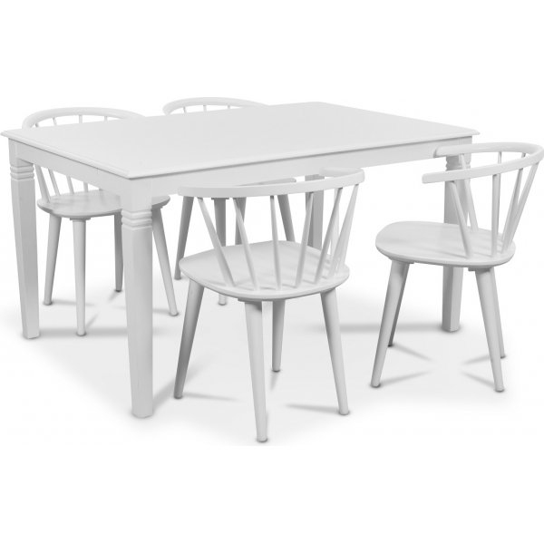 Mellby spisegruppe 140 cm bord med 4 hvide Fredrik Pinnstolar med stel - Hvid