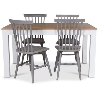 Dalarö spisegruppe 140 cm bord hvid/eg + 4 grå udkragningsstole