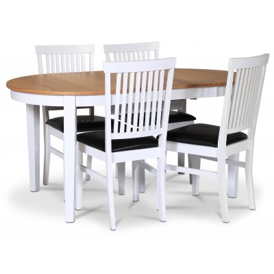 Fårö spisebordssæt; spisebord 160/210x90 cm - Hvid / olieret eg med 4 Fårö stole med sort PU-sæde