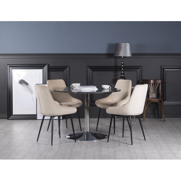 Plaza spisegruppe, marmorbord med 4 stk Theo fljlstole - Beige / gr / krom