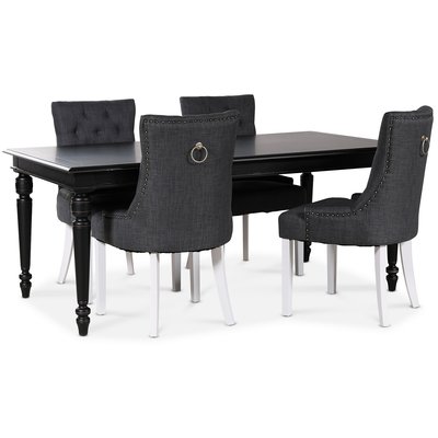 Paris spisegruppe sort bord med 4 stk Tuva stole i grt stof med baghndtag