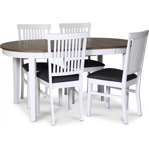 Skagen spisebordsst; spisebord 160/210x90 cm - Hvid / brunolieret eg med 4 stk. Fr stole med grt stofsde